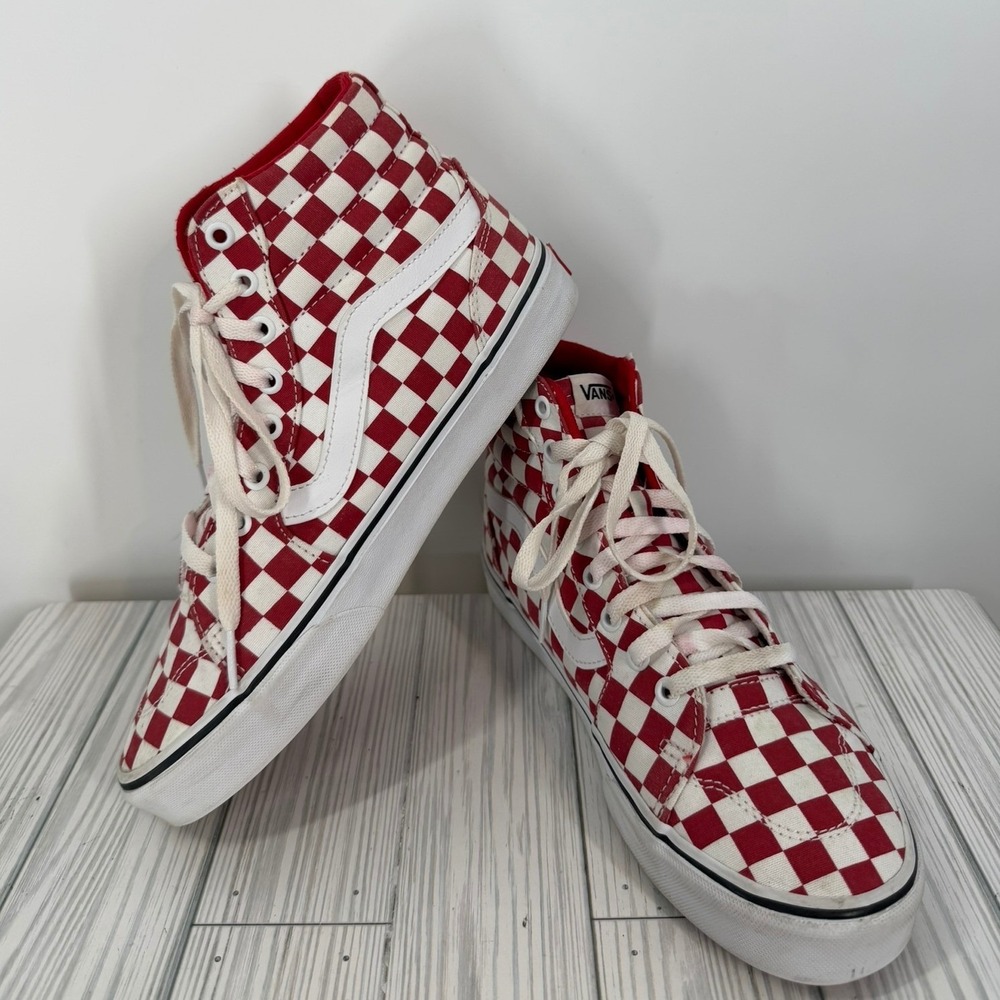 Vans Sk8-Hi Red White Checkerboard High Top Sneakers Canvas Shoes Womens 9.5
